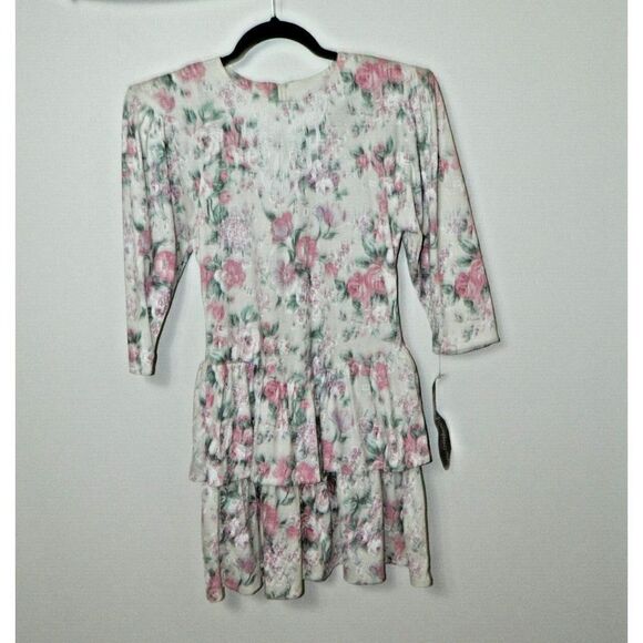 Champagne West Dress Size 3/4‎ Vintage 80s  Ivory Pink Floral Tier Skater Mini - Picture 1 of 12